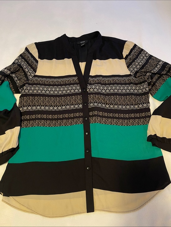 Alfani Tops - Alfani Black Green Cream Striped Button-Down Blouse